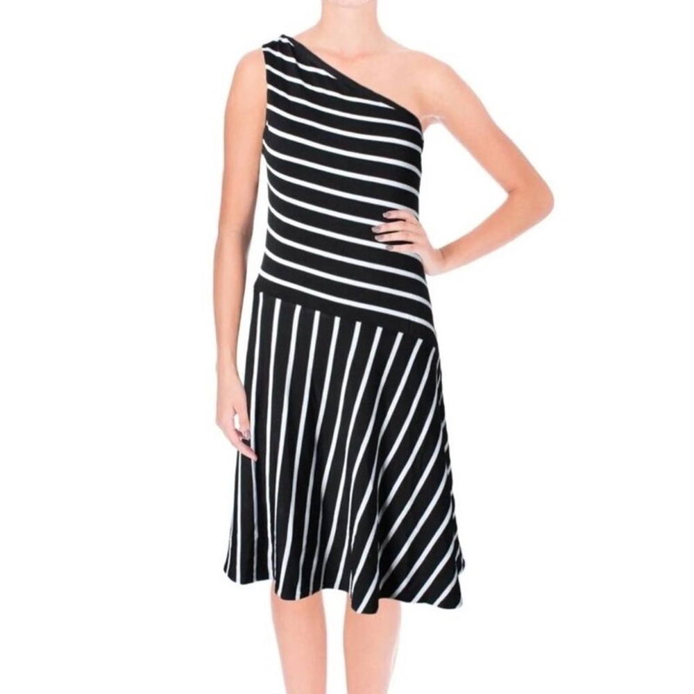 Lauren, Ralph Lauren, black and white striped one shoulder knee length dress M